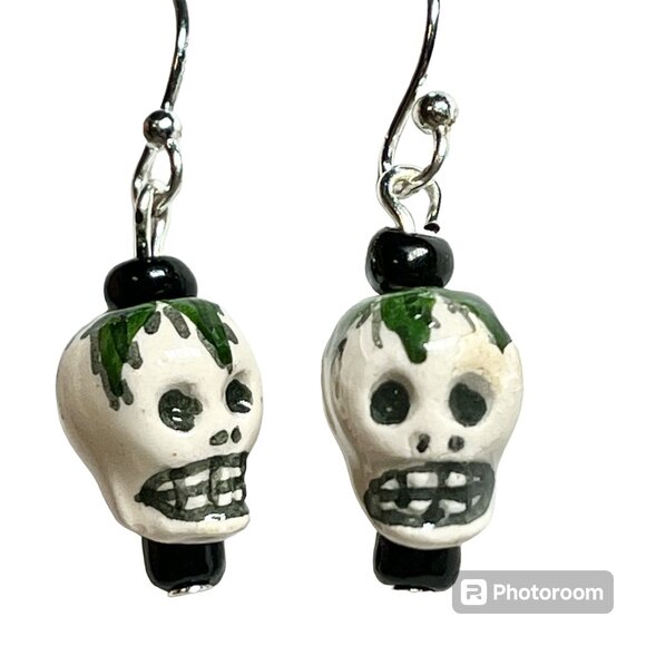Skull Earrings Ceramic Bead Skeleton Halloween Goth Gothic Dangle Silver Plated - Picture 2 of 12